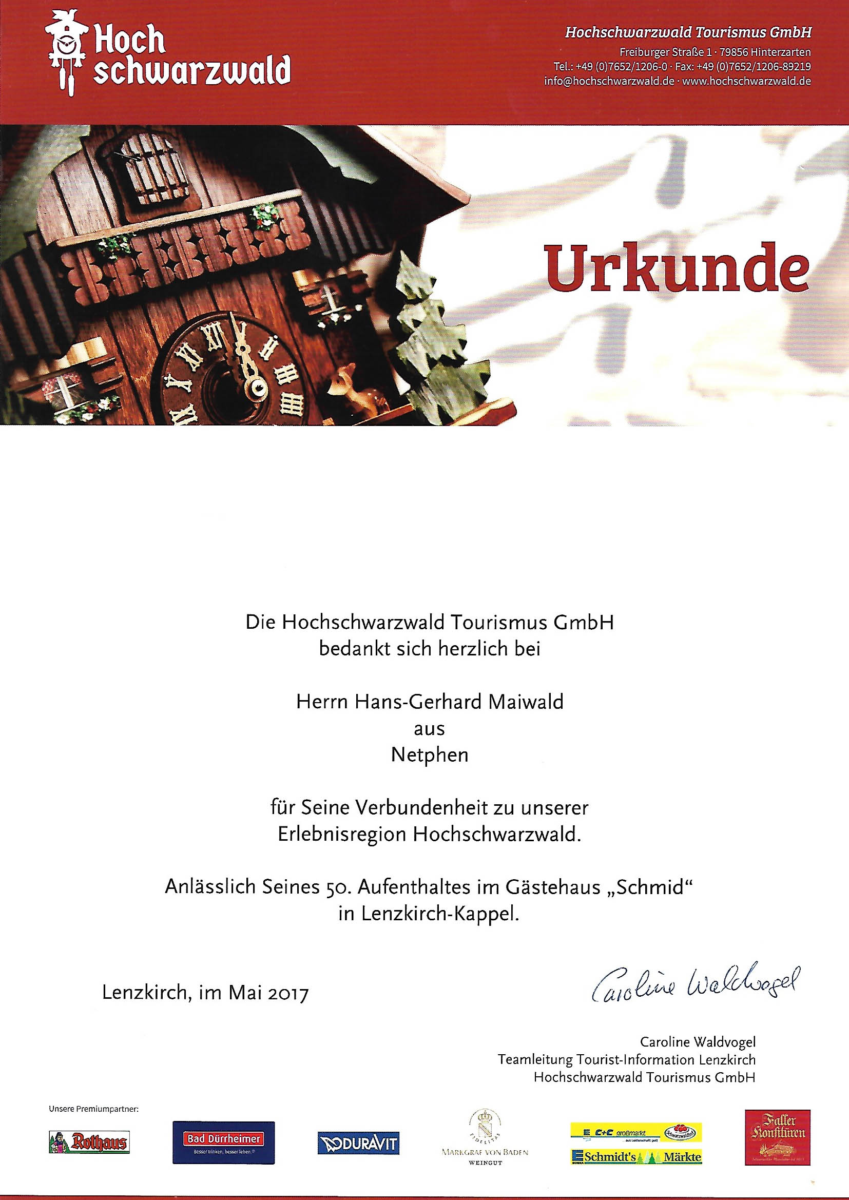 Auszeichnung durch die Hochschwarzwaldtourismus GmbH